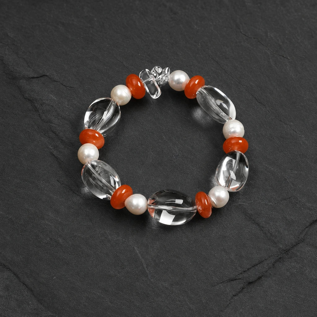 White Quartz, Carnelian & Freshwater Pearl Bracelet