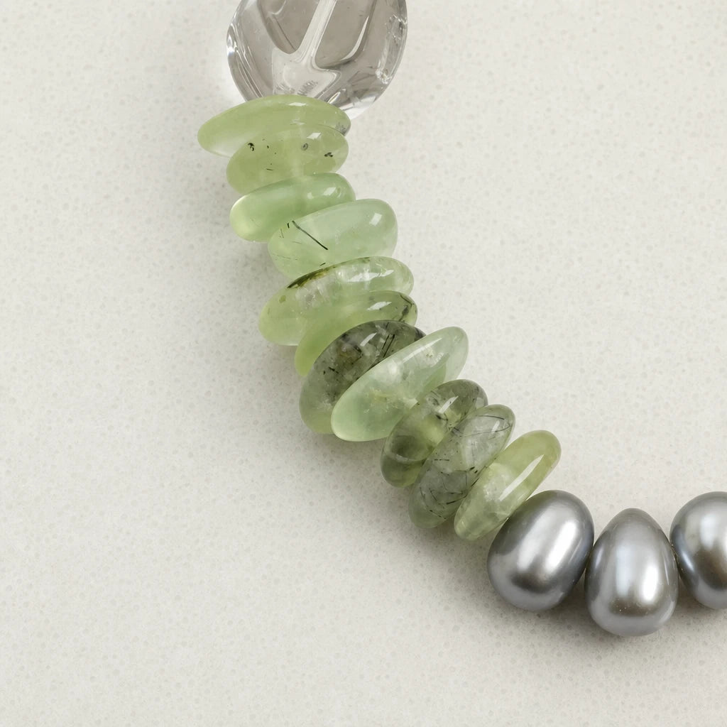 Green Crystal, Grey Pearl & Prehnite Bracelet