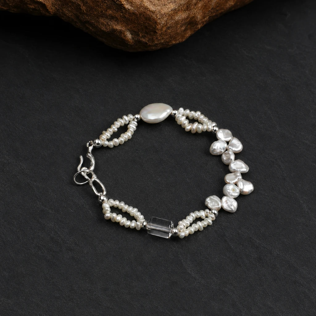 Baroque Petal Pearl & White Quartz Silver Bracelet