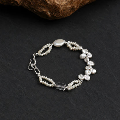 Baroque Petal Pearl & White Quartz Silver Bracelet