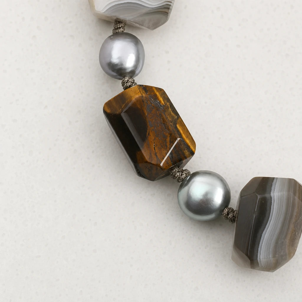 Tiger Eye & Grey Baroque Pearl Mixed Stone Bracelet