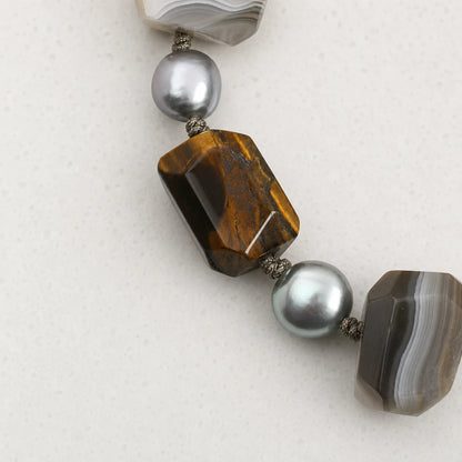 Tiger Eye & Grey Baroque Pearl Mixed Stone Bracelet
