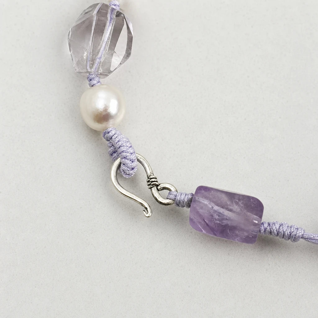 Amethyst & White Quartz Double Point Pearl Bracelet