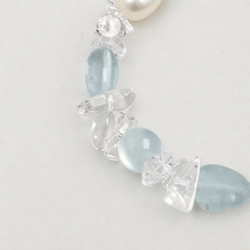 Freshwater Pearl, White Quartz & Aquamarine Bracelet
