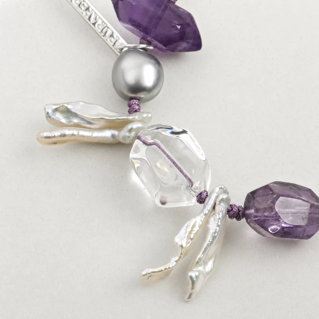 White Quartz Point, Amethyst & Baroque Pearl Bracelet