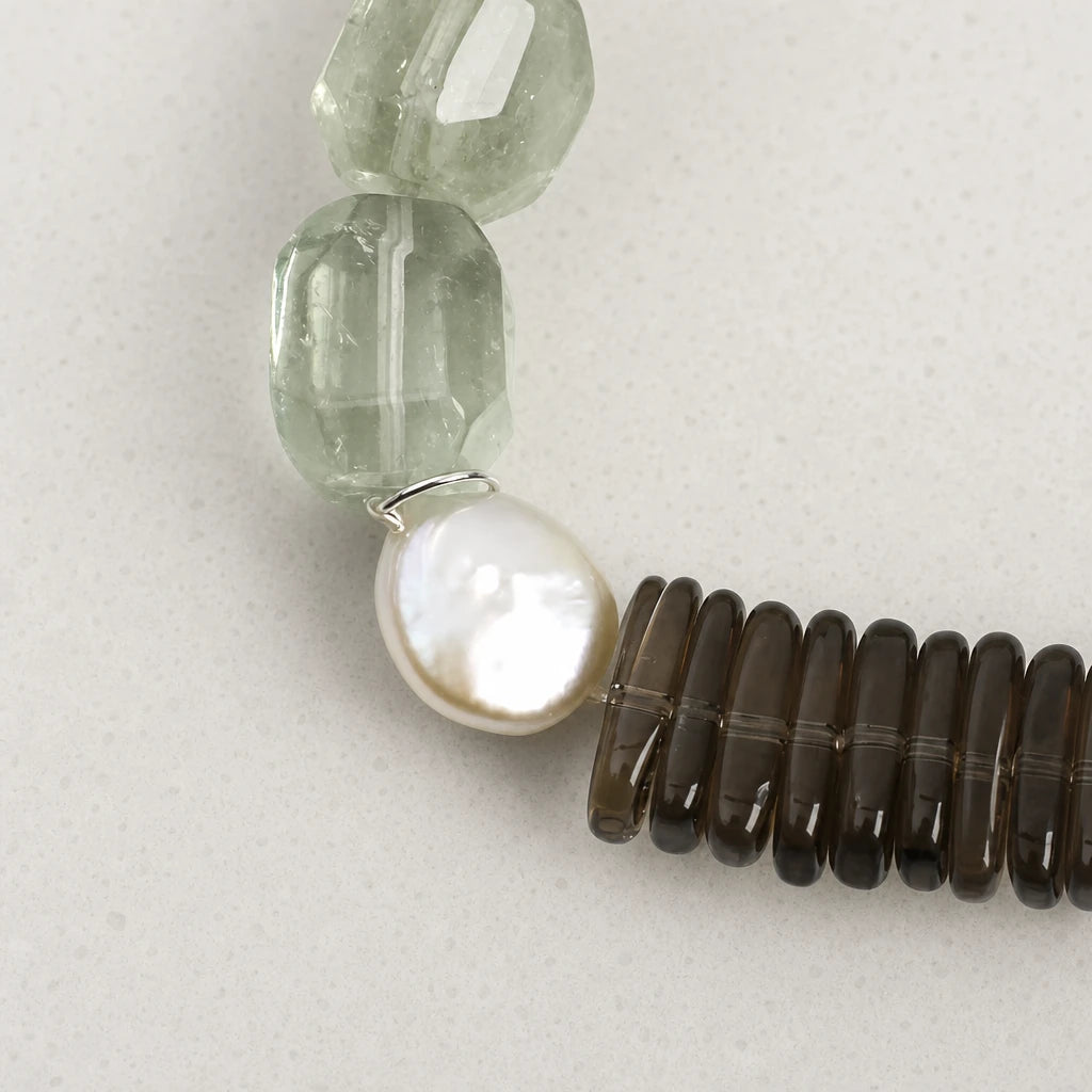 Green Crystal, Smoky Quartz & Baroque Pearl Bracelet