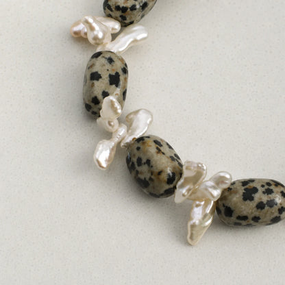 Spotted Stone, Grey Baroque Pearl & Blue Crystal Bracelet