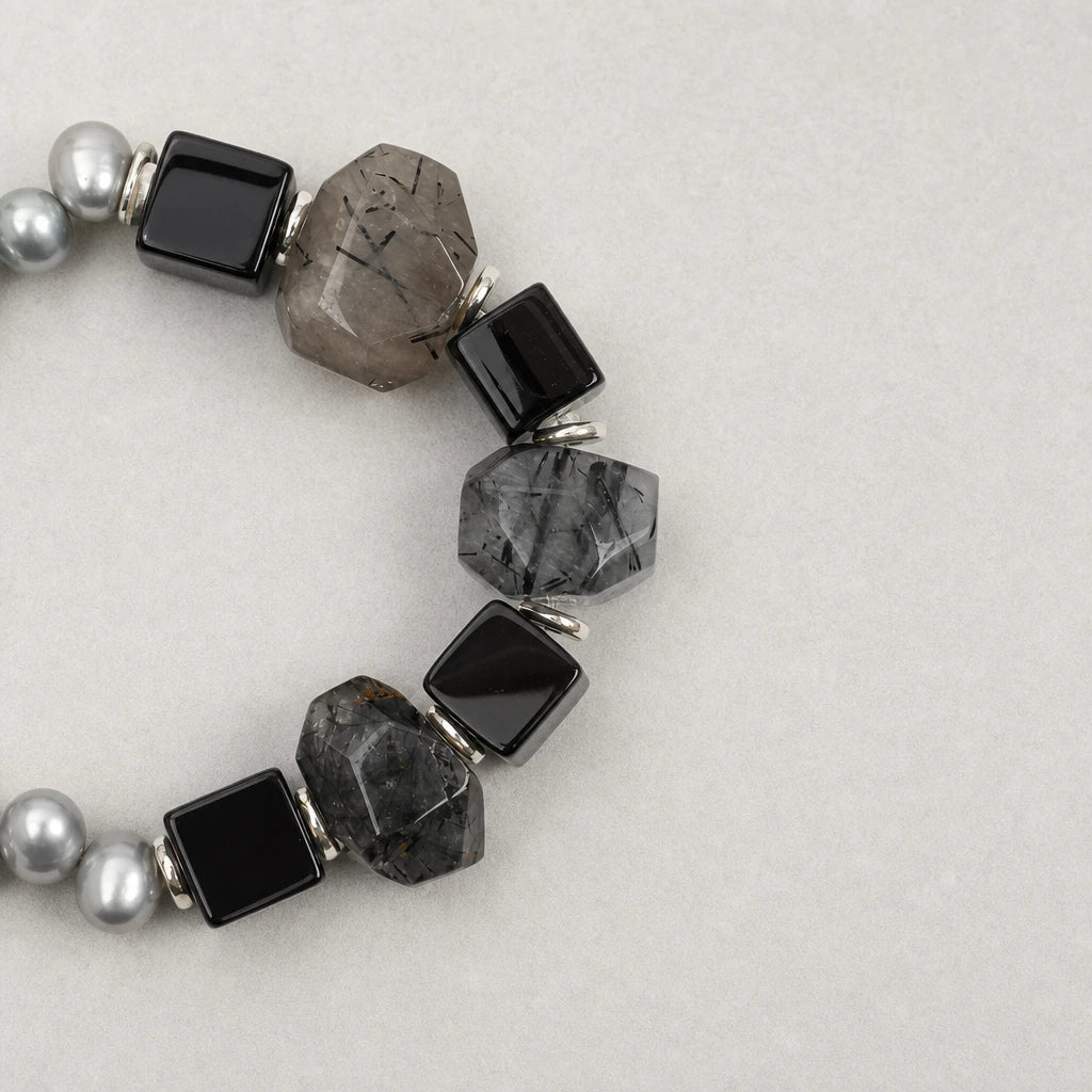 Black Onyx & Black Rutilated Quartz Pearl Bracelet