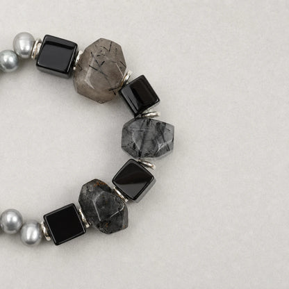 Black Onyx & Black Rutilated Quartz Pearl Bracelet