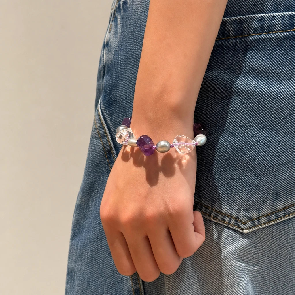 Amethyst Double Point & Baroque Pearl Bracelet