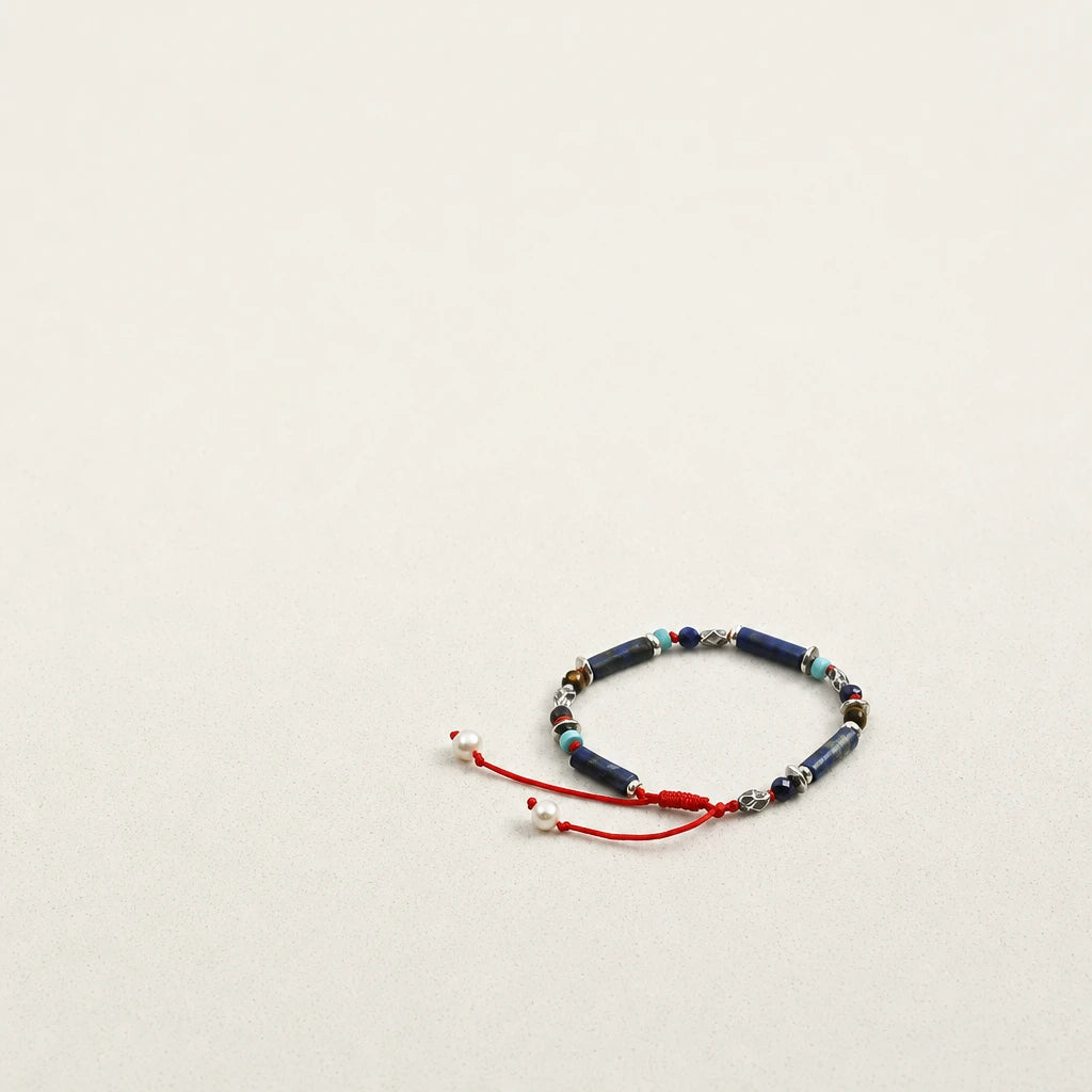 Lapis Lazuli & Pearl Adjustable Red Cord Bracelet