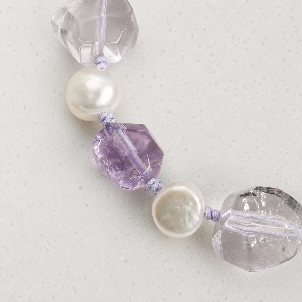 Amethyst & White Quartz Double Point Pearl Bracelet