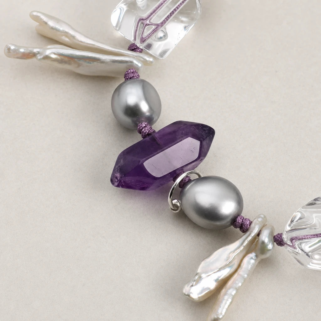 White Quartz Point, Amethyst & Baroque Pearl Bracelet