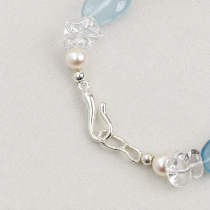 Freshwater Pearl, White Quartz & Aquamarine Bracelet