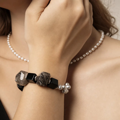 Black Onyx & Black Rutilated Quartz Pearl Bracelet