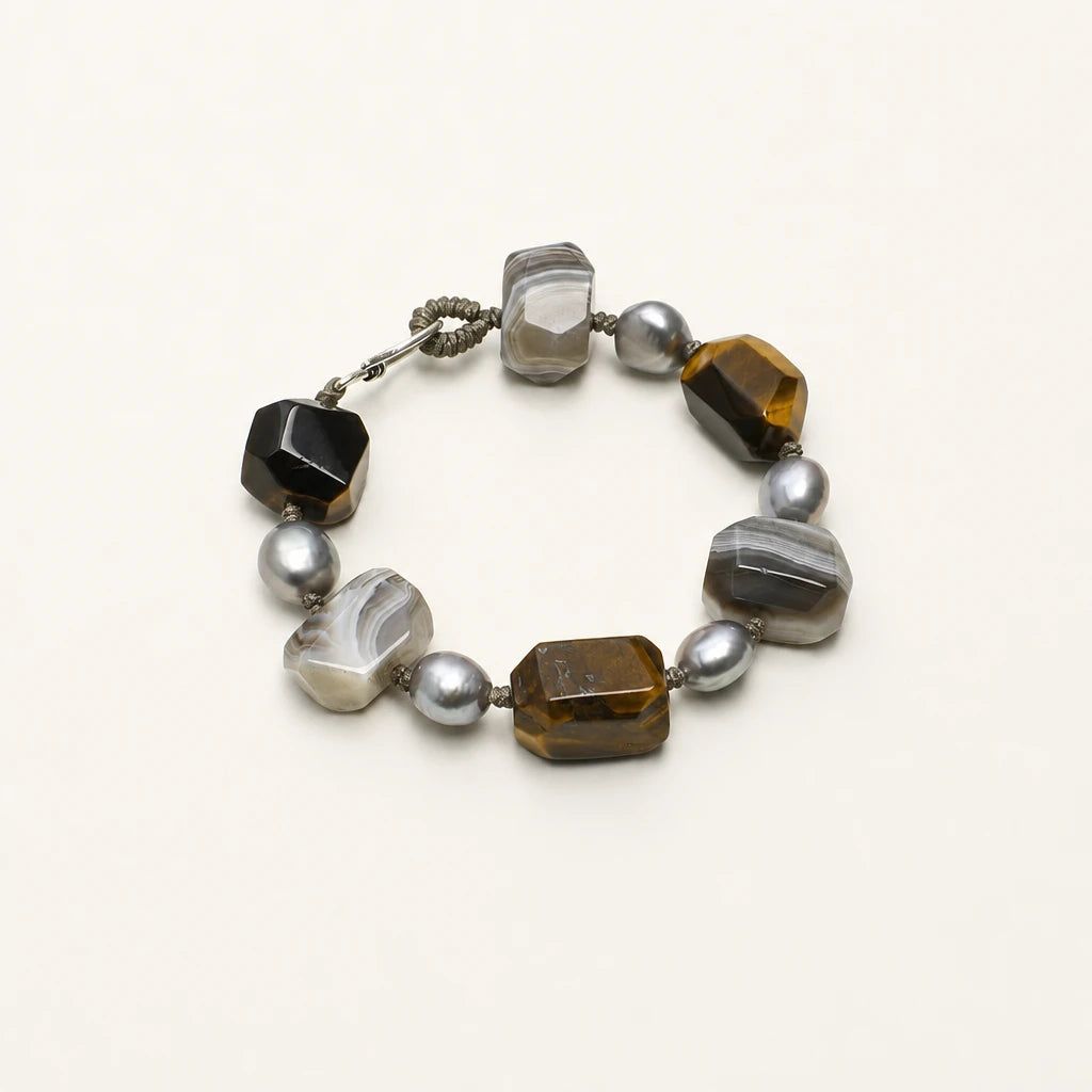 Tiger Eye & Grey Baroque Pearl Mixed Stone Bracelet