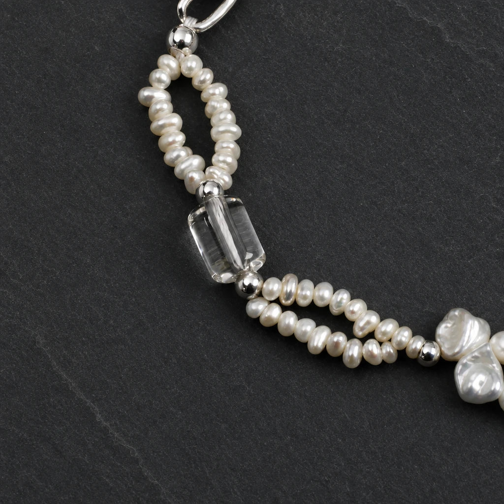 Baroque Petal Pearl & White Quartz Silver Bracelet
