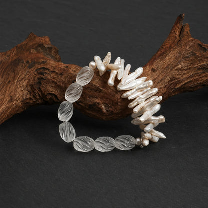 Baroque Stick Pearl & White Quartz Button Bracelet