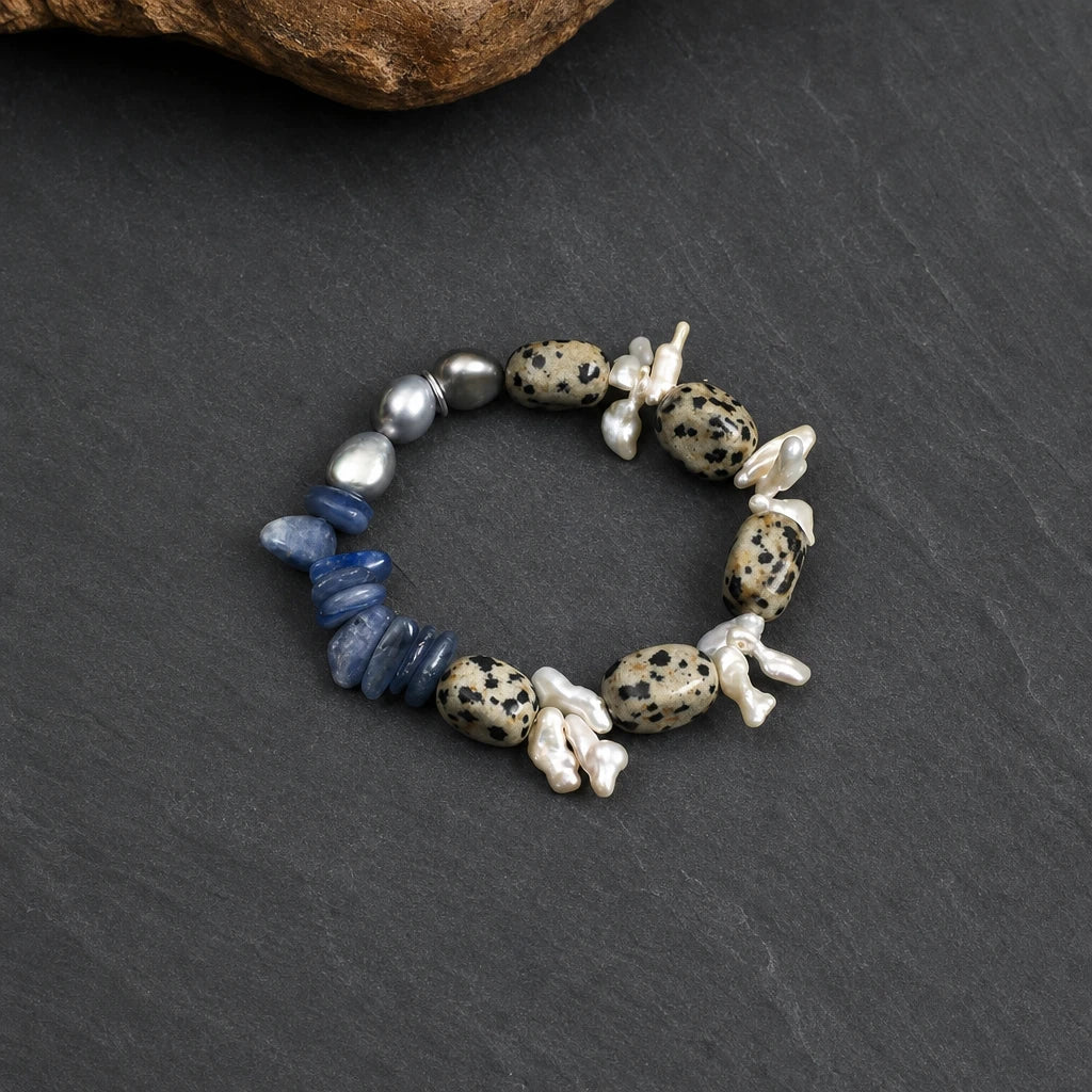 Spotted Stone, Grey Baroque Pearl & Blue Crystal Bracelet