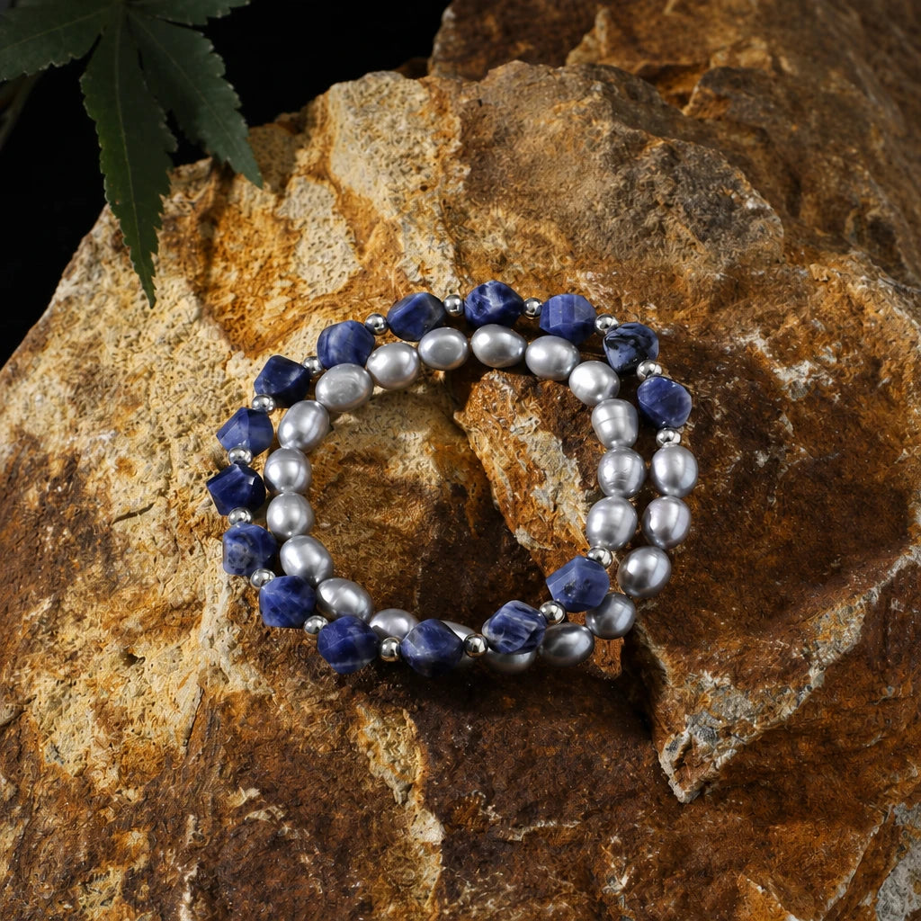 Grey Pearl & Blue Sodalite Double Layer Bracelet