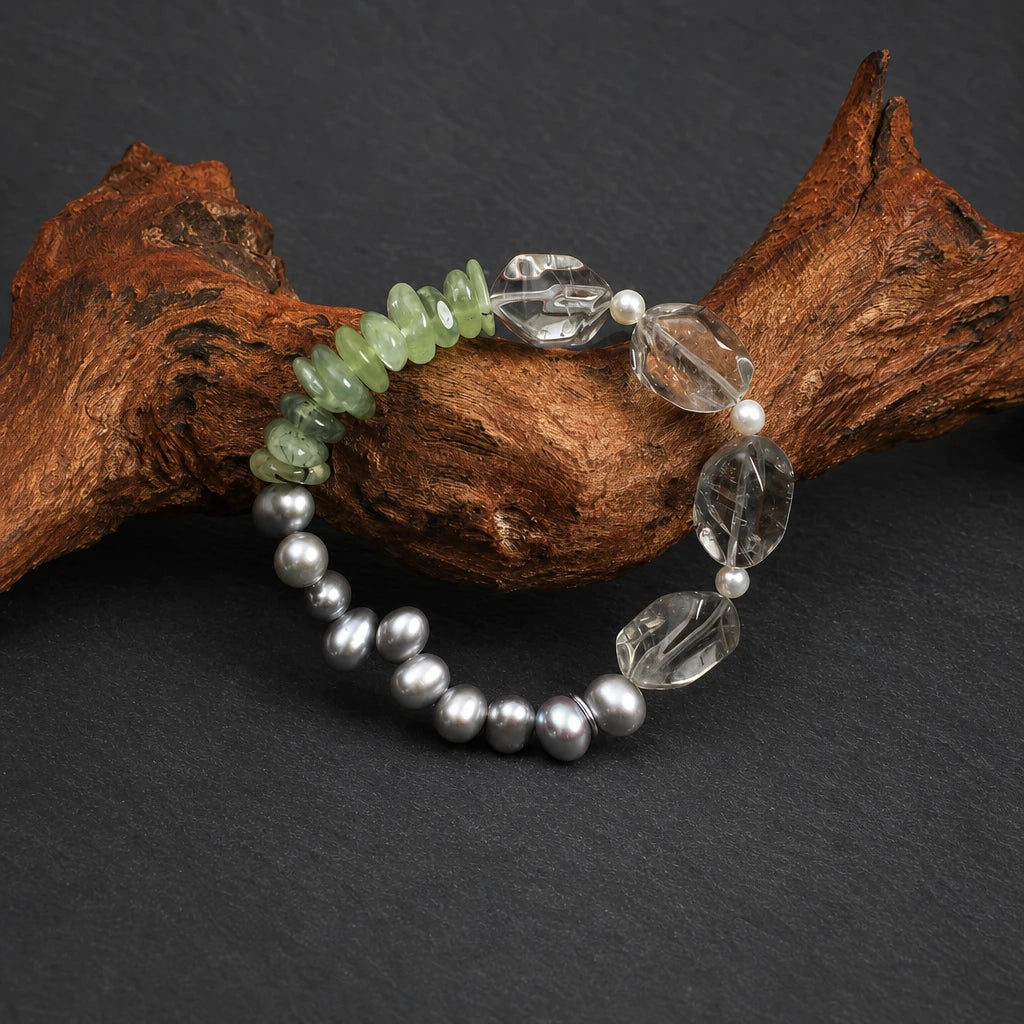 Green Crystal, Grey Pearl & Prehnite Bracelet