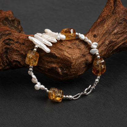 Citrine & Baroque Pearl Silver Bracelet