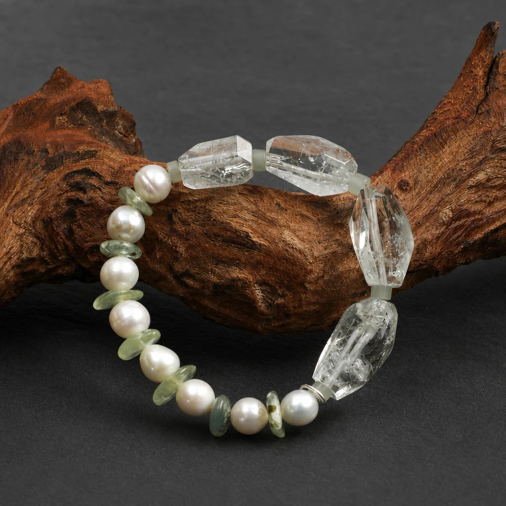 Green Crystal, Prehnite & Freshwater Pearl Bracelet