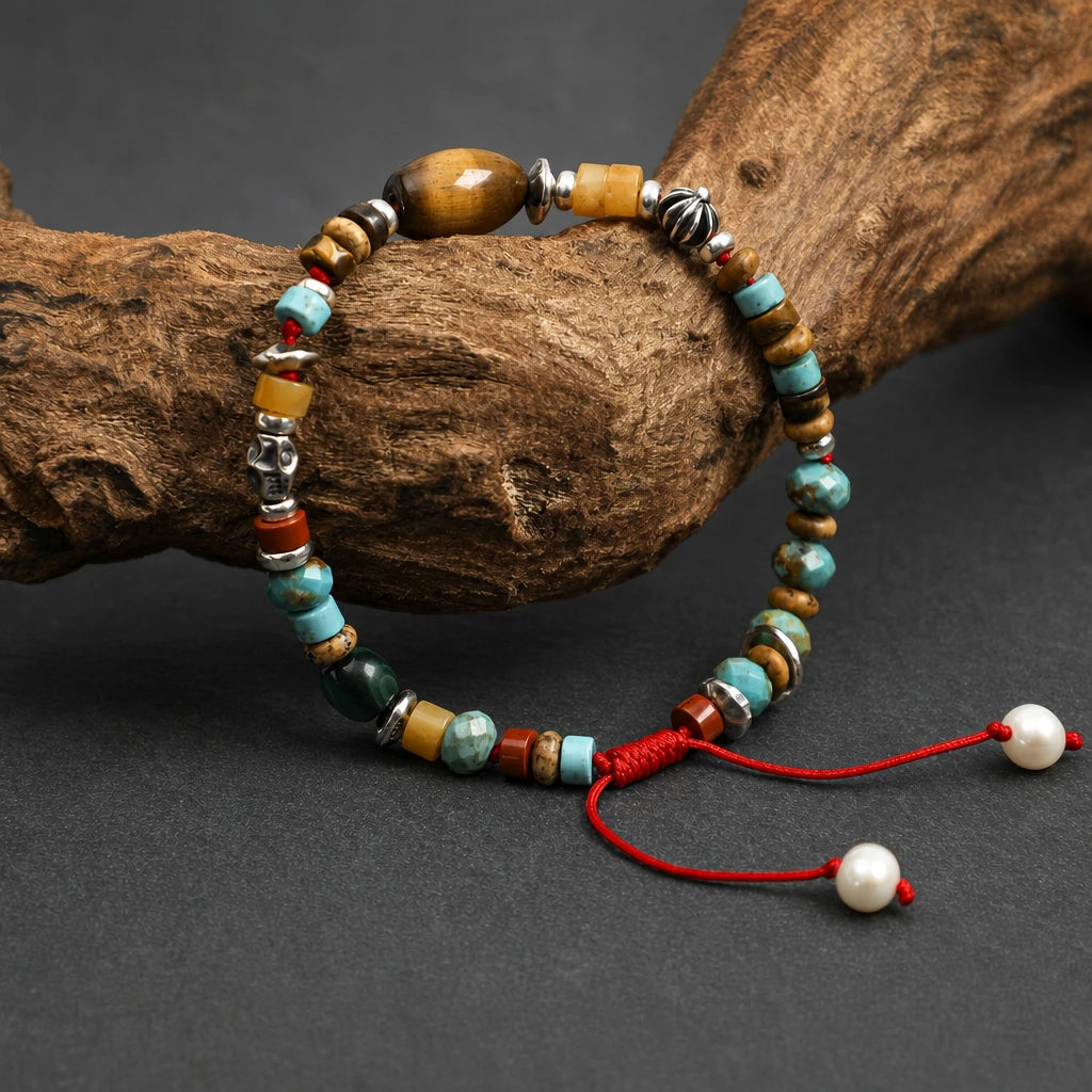 Tiger Eye & Turquoise Adjustable Red Cord Bracelet