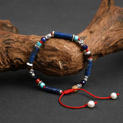 Lapis Lazuli & Pearl Adjustable Red Cord Bracelet