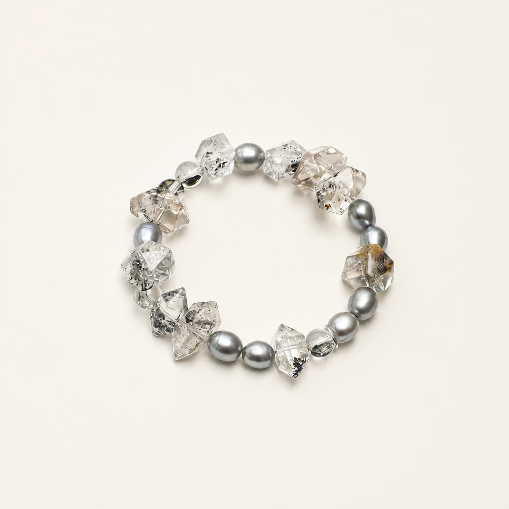 Black Obsidian Double Point & Grey Bead Bracelet