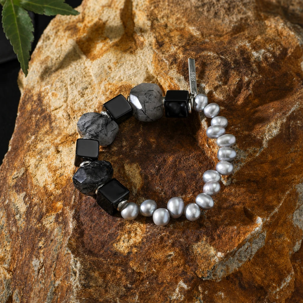 Black Onyx & Black Rutilated Quartz Pearl Bracelet