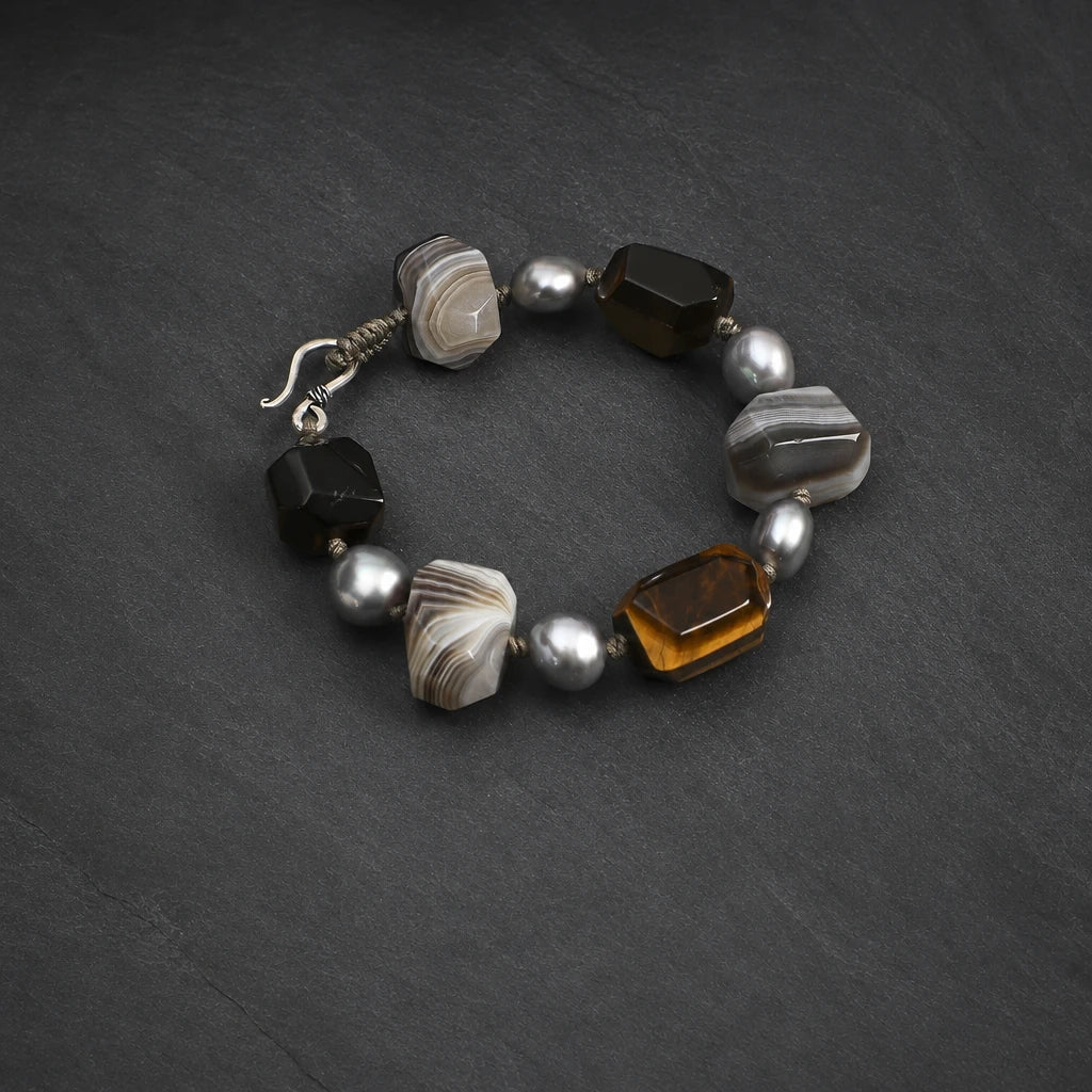 Tiger Eye & Grey Baroque Pearl Mixed Stone Bracelet