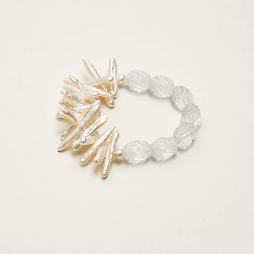 Baroque Stick Pearl & White Quartz Button Bracelet