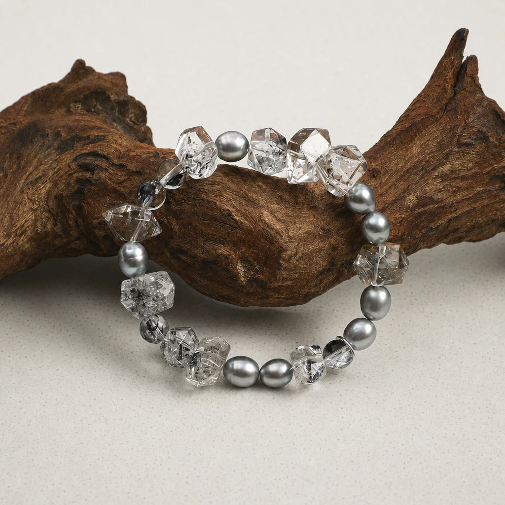 Black Obsidian Double Point & Grey Bead Bracelet