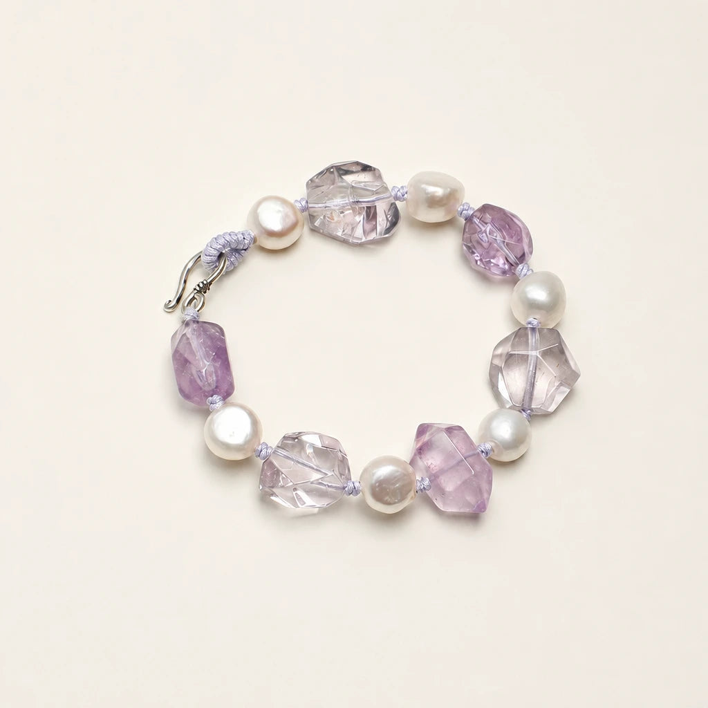 Amethyst & White Quartz Double Point Pearl Bracelet