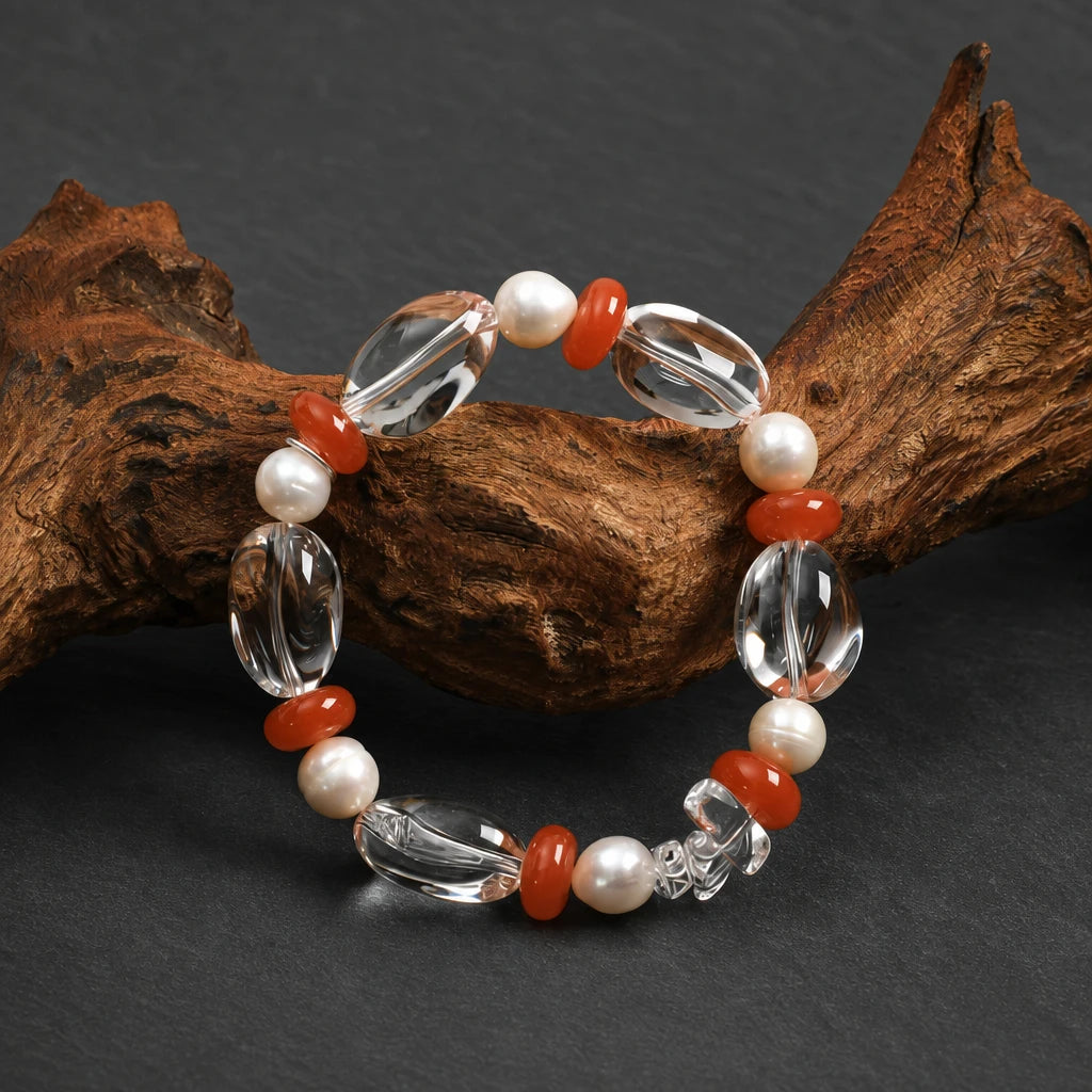 White Quartz, Carnelian & Freshwater Pearl Bracelet