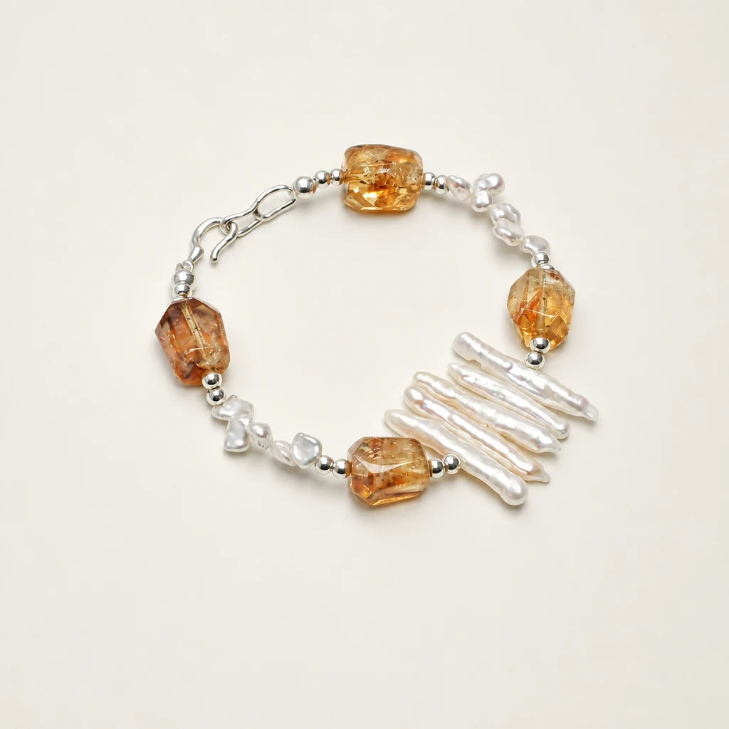 Citrine & Baroque Pearl Silver Bracelet