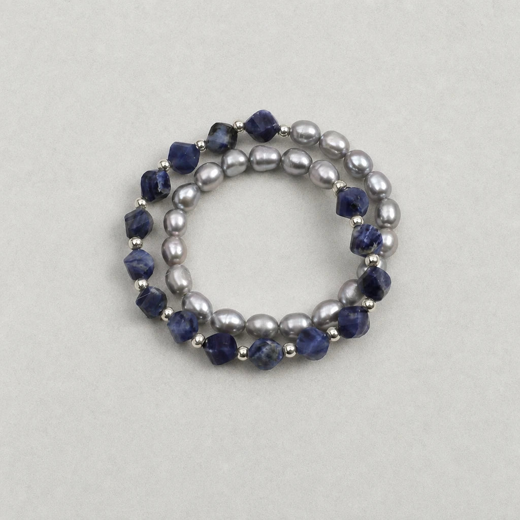 Grey Pearl & Blue Sodalite Double Layer Bracelet