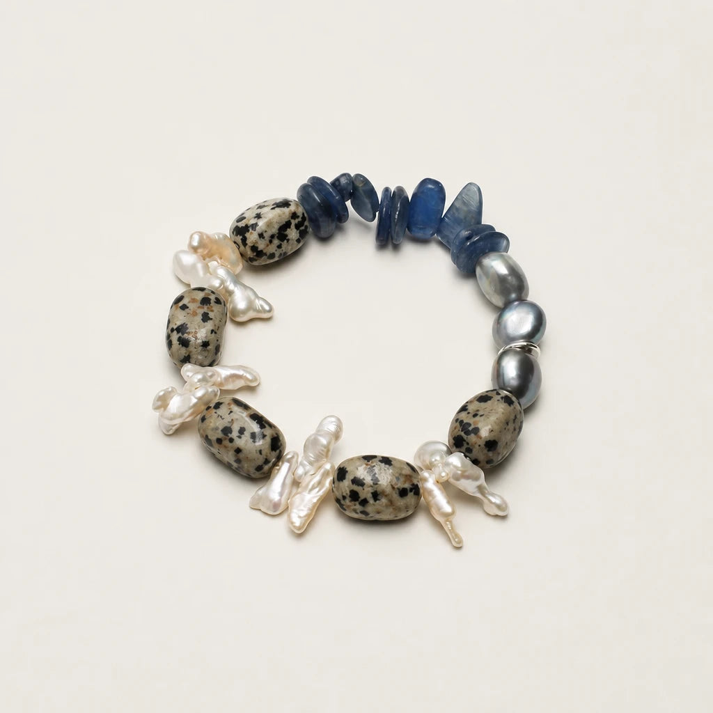 Spotted Stone, Grey Baroque Pearl & Blue Crystal Bracelet