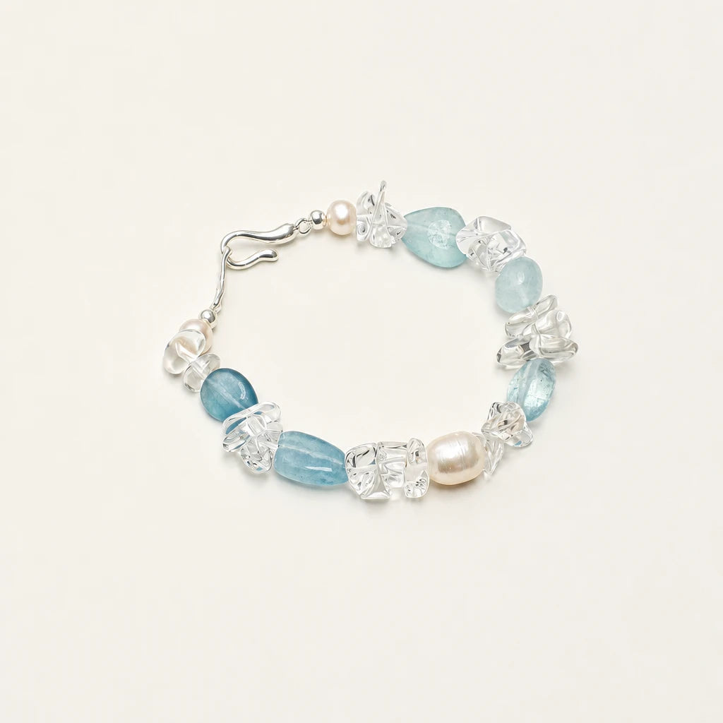 Freshwater Pearl, White Quartz & Aquamarine Bracelet