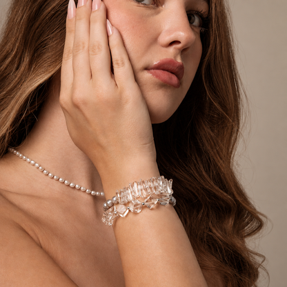 Grey Freshwater Pearl & White Quartz Double Bracelet